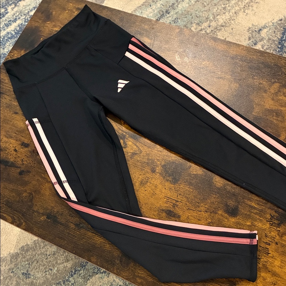 Adidas Kids Leggings in Black with Pink Stripes
